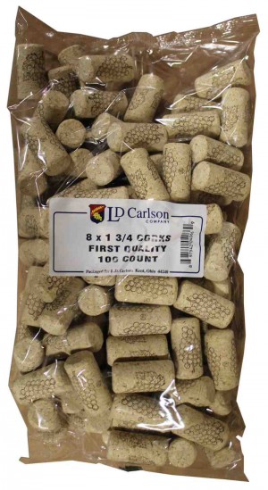 8X1 3/4 FIRST QUALITY STRAIGHT WINE CORKS 44 X 22mm 100/BAG
